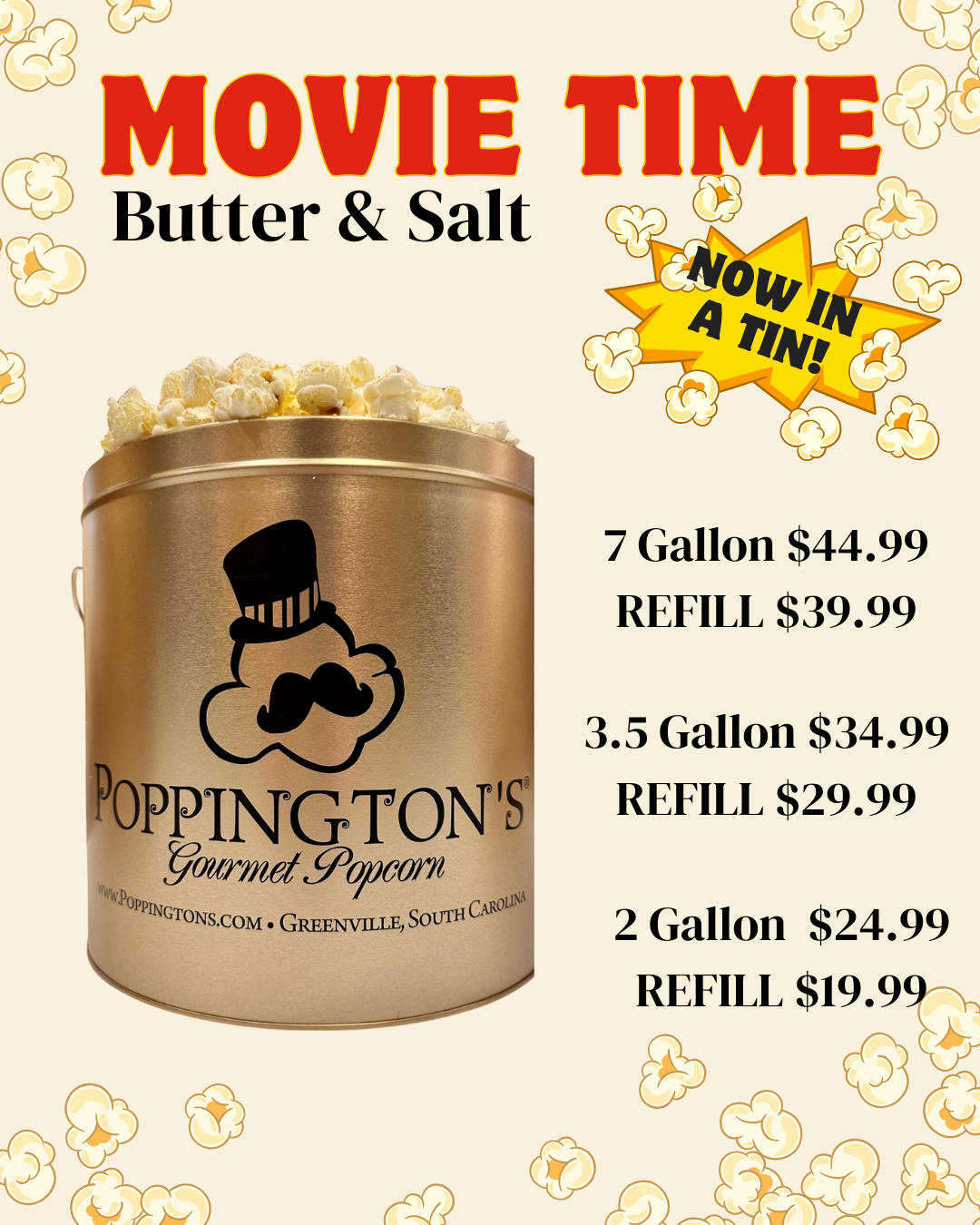 Butter & Salt Popcorn TIN | Choose SIZE | Great Value!