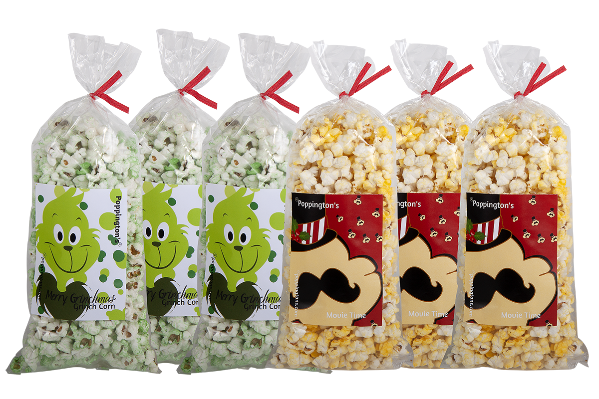 Merry Munchies Six Pack Grinch Green Salted and Movie Time Butter and Salt from Poppington's Gourmet Popcorn